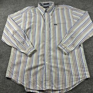 Faconnable Mens XL Striped Button Down Shirt Blue Green Brown 100% Cotton France